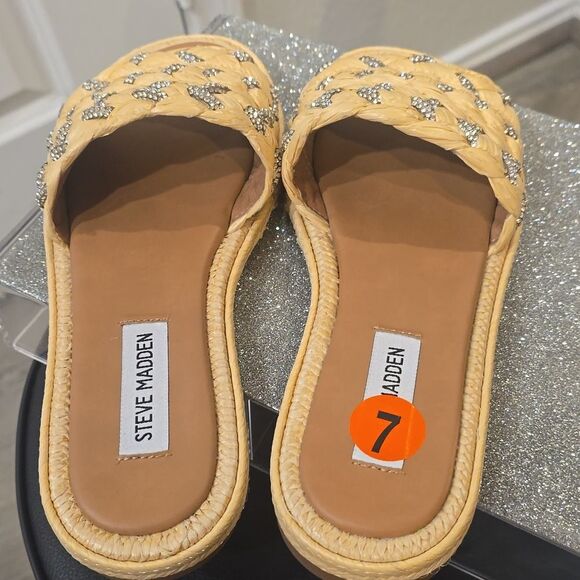 Steve Madden Alibi Rhinestone Slide Sandal- Natural Raffia - Picture 14 of 14